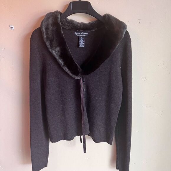 Mercer & Madison Sweaters - Mercer and Madison 100% Brown Italian Merino Wool Size Large‎ Fur Collar Glam